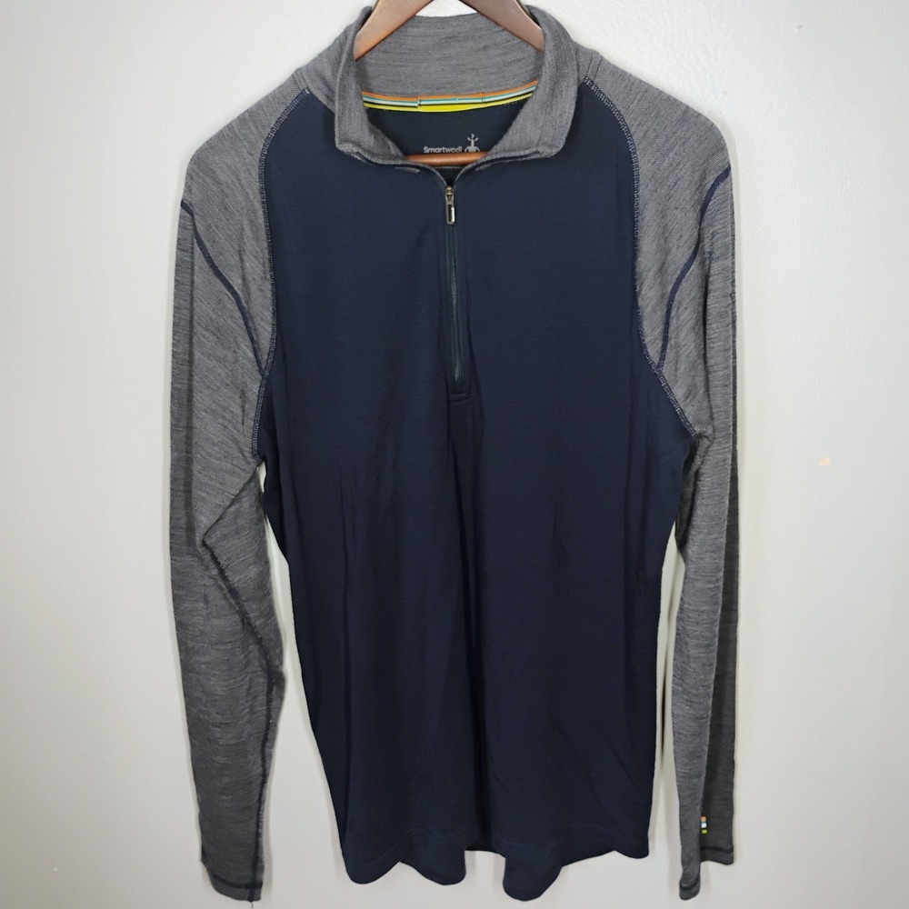 Smartwool Pullover Mens Large Blue Merino Wool 1/4 Zip Base Layer Top Thermal